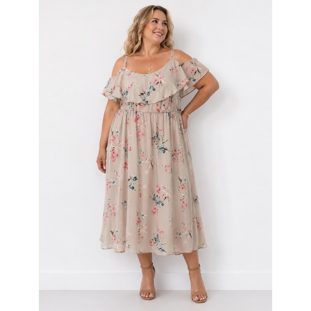 Torrid‎ Cold Shoulder Midi Dress 5X Beige Floral Ruffle Chiffon Summer Pockets